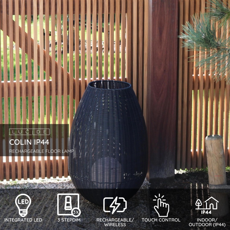 Lucide COLIN IP44 - Nabíjateľná stojaca lampa Vonkajšia - Batéria - LED Dim. - 1x3W 3000K - IP44 - 3 StepDim - Čierna